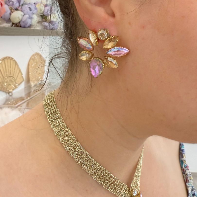 Parure collier doré fleurs pierres