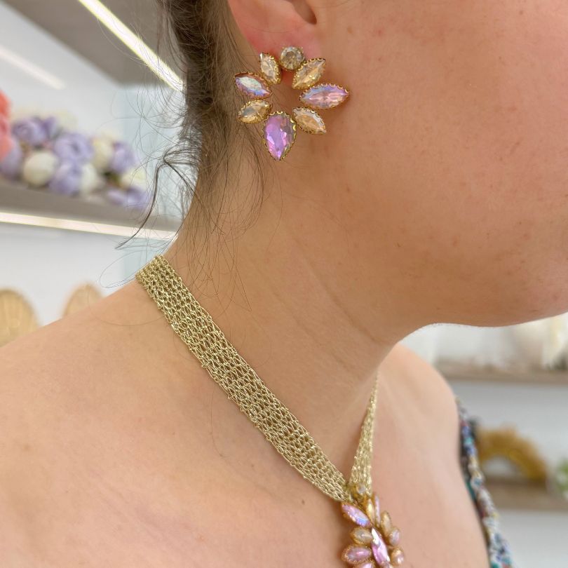 Parure collier doré fleurs pierres