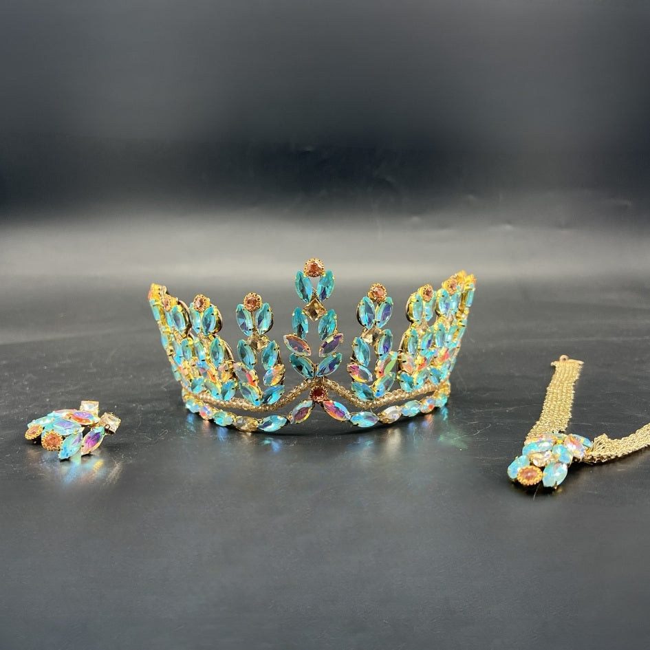 Pack mariage couronne dorée pierres bleues iridescentes
