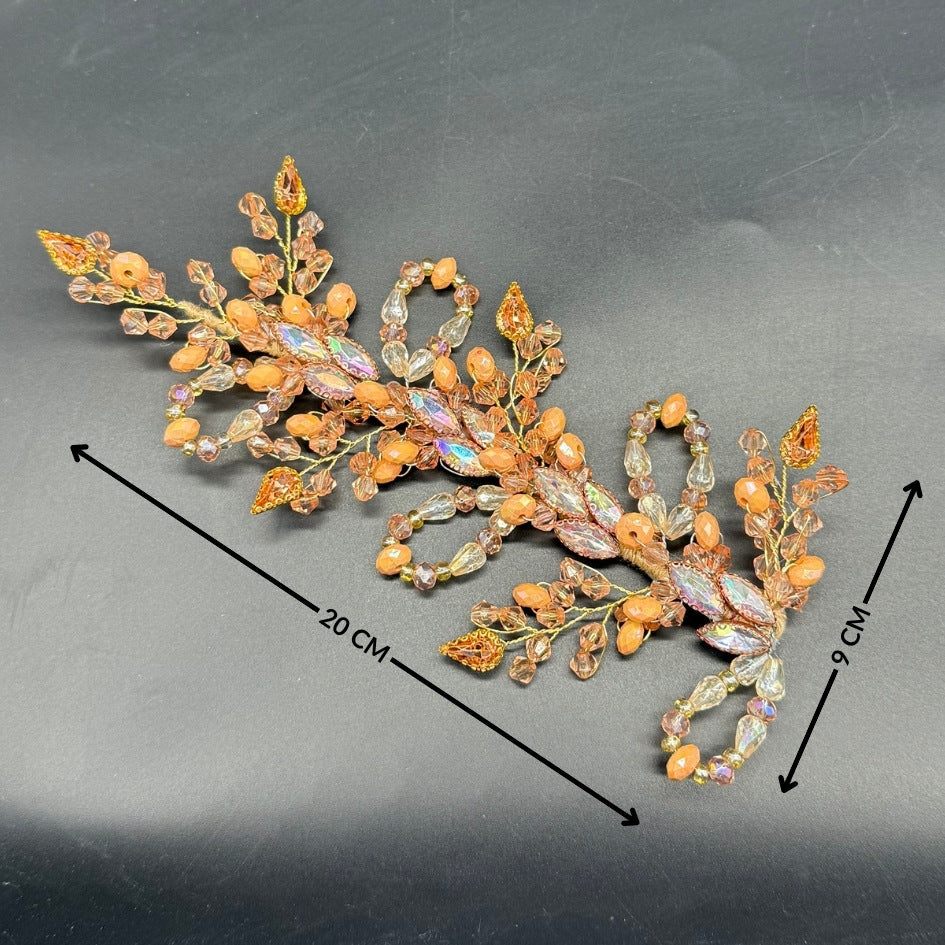 Accessoire cheveux floral perlé fait main avec cristaux et perles couleur corail
