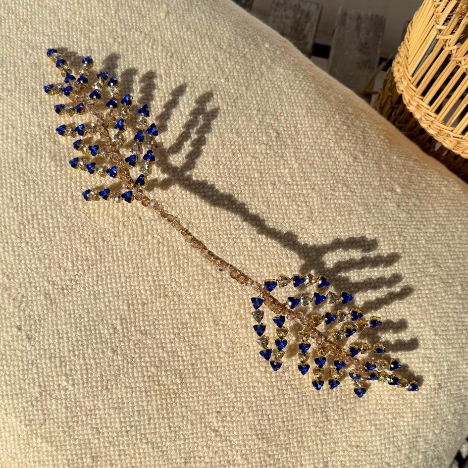 Broche de Mariage Bleu et Or Feuillage en Cristaux Artisanale