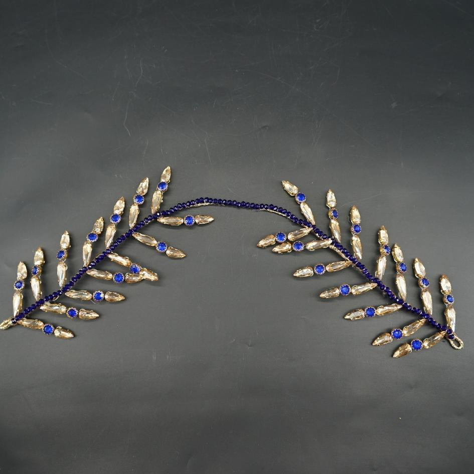 Broche de Mariage Bleu Profond Feuillage en Cristaux Artisanale