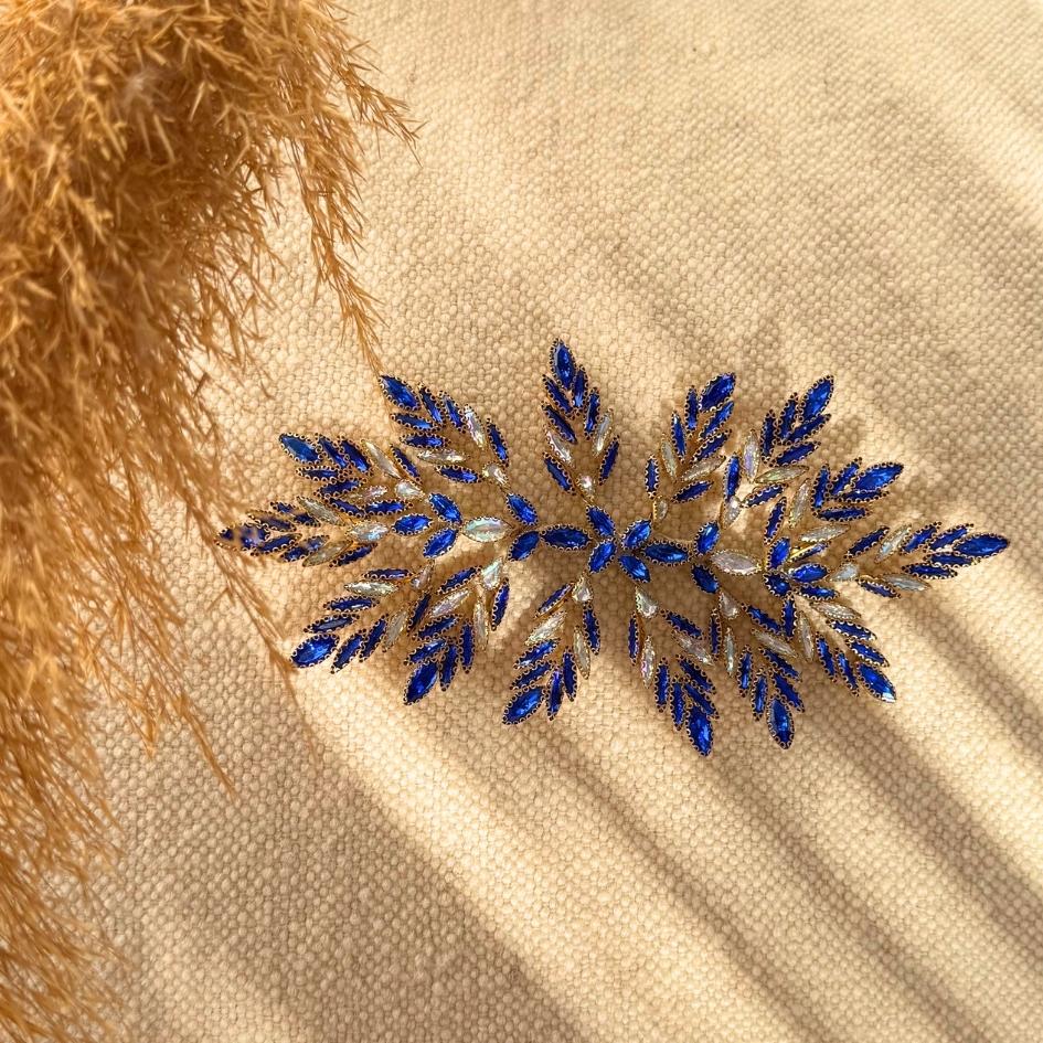 Broche de mariage feuilles bleu royal et doré