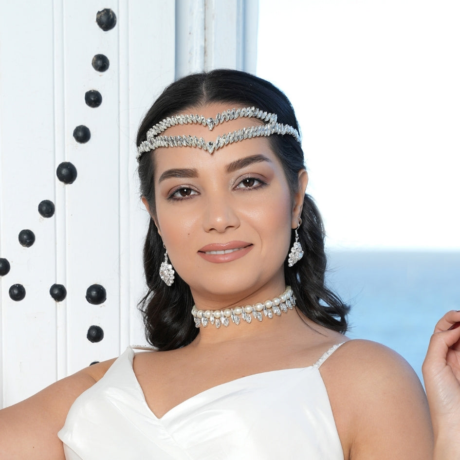 Broche de Mariage Blanche pour Cheveux Style V en Cristaux