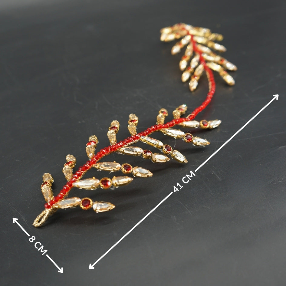 Broche de Mariage Rouge et Dorée Feuillage Ondulé en Cristaux Artisanale
