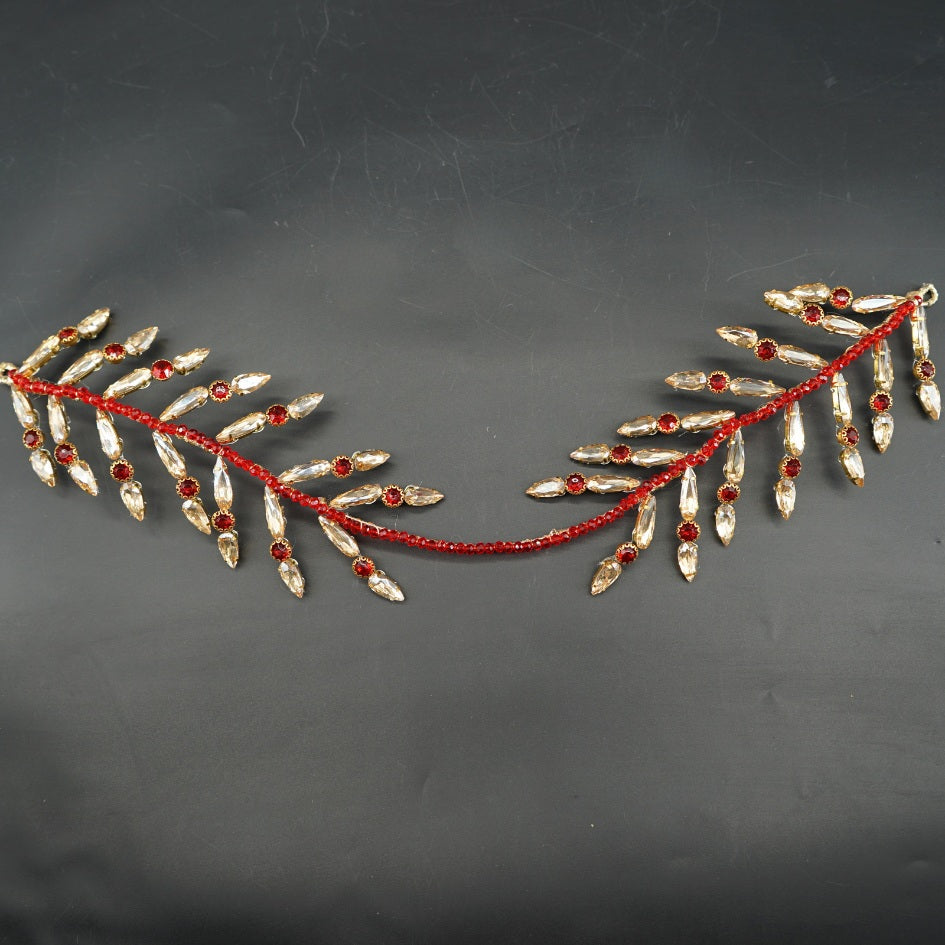 Broche de Mariage Rouge et Dorée Feuillage Ondulé en Cristaux Artisanale