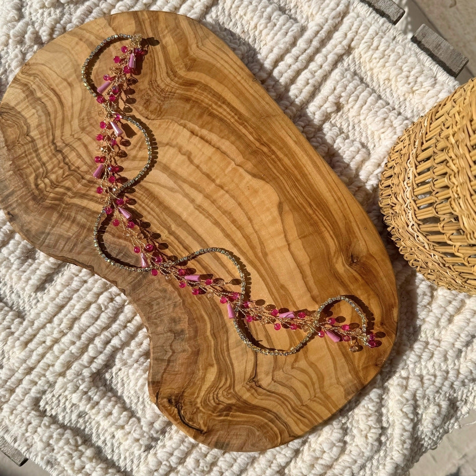 Broche de Mariage Rose et Dorée Ondulée en Cristaux Artisanale