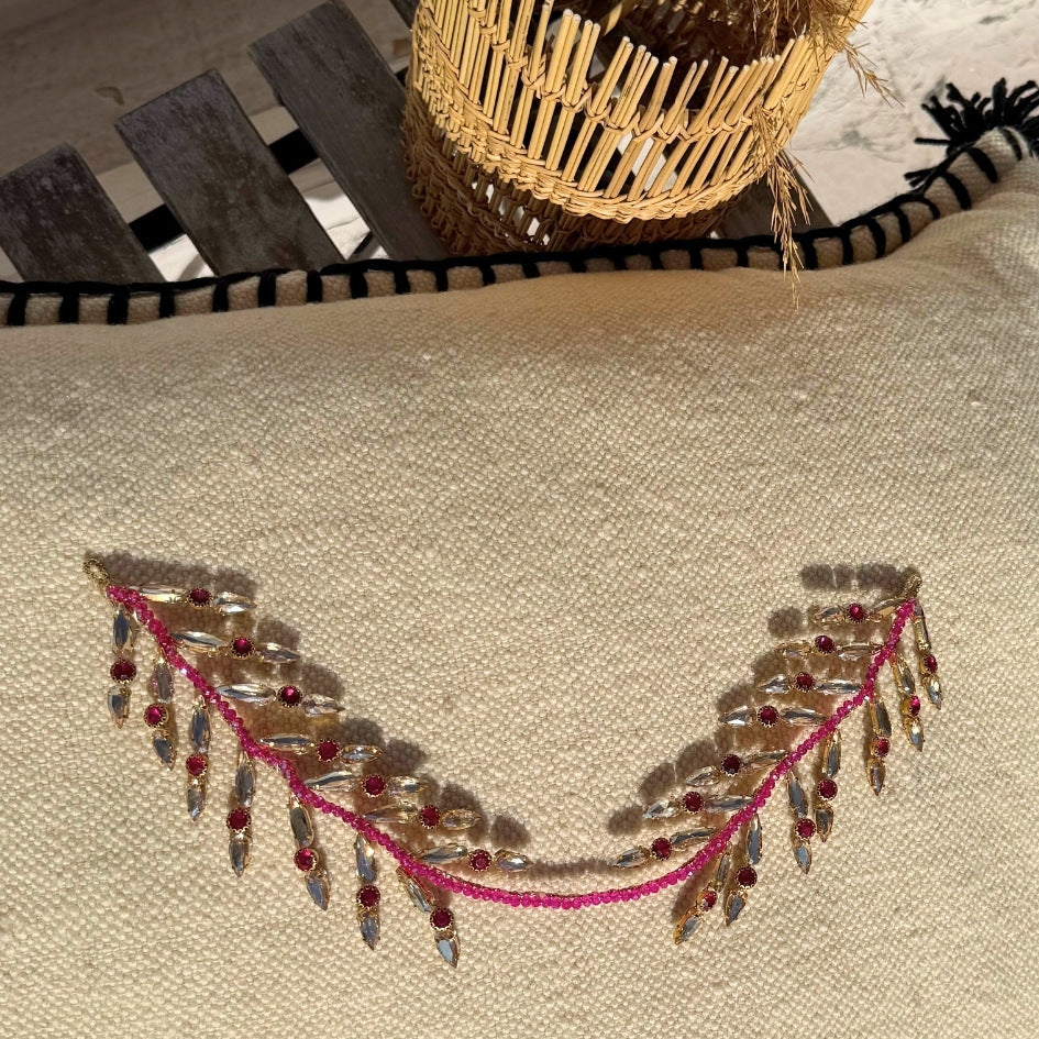 Broche de Mariage Rose Fuchsia et Dorée Feuillage en Cristaux Artisanale