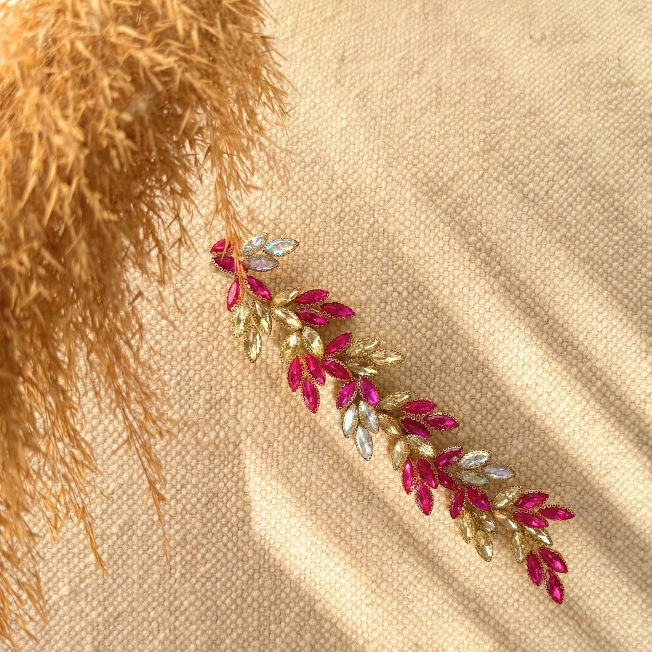 Broche feuillage fuchsia et doré