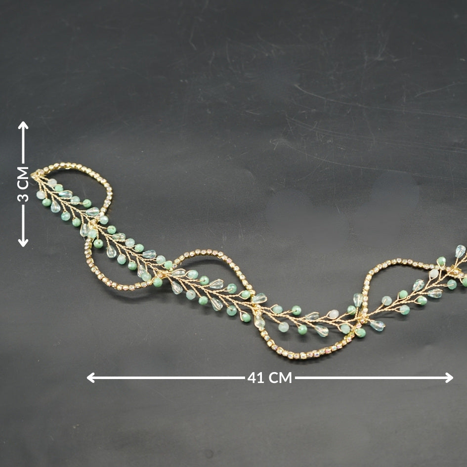 Broche de Mariage Vert Clair Ondulée et Dorée en Cristaux Artisanale