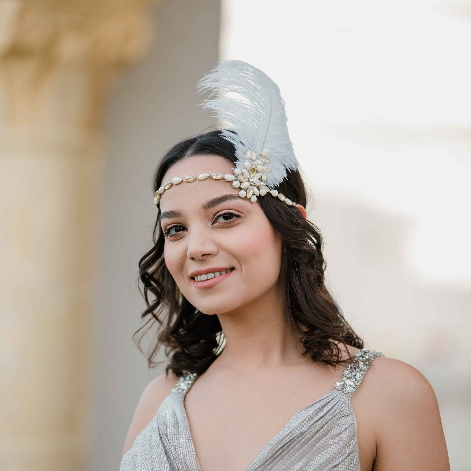 Bandeau Charleston Années 20 avec Plume Blanche et Perles
