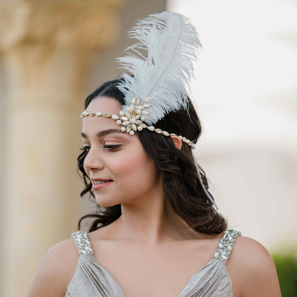 Bandeau Charleston Années 20 avec Plume Blanche et Perles