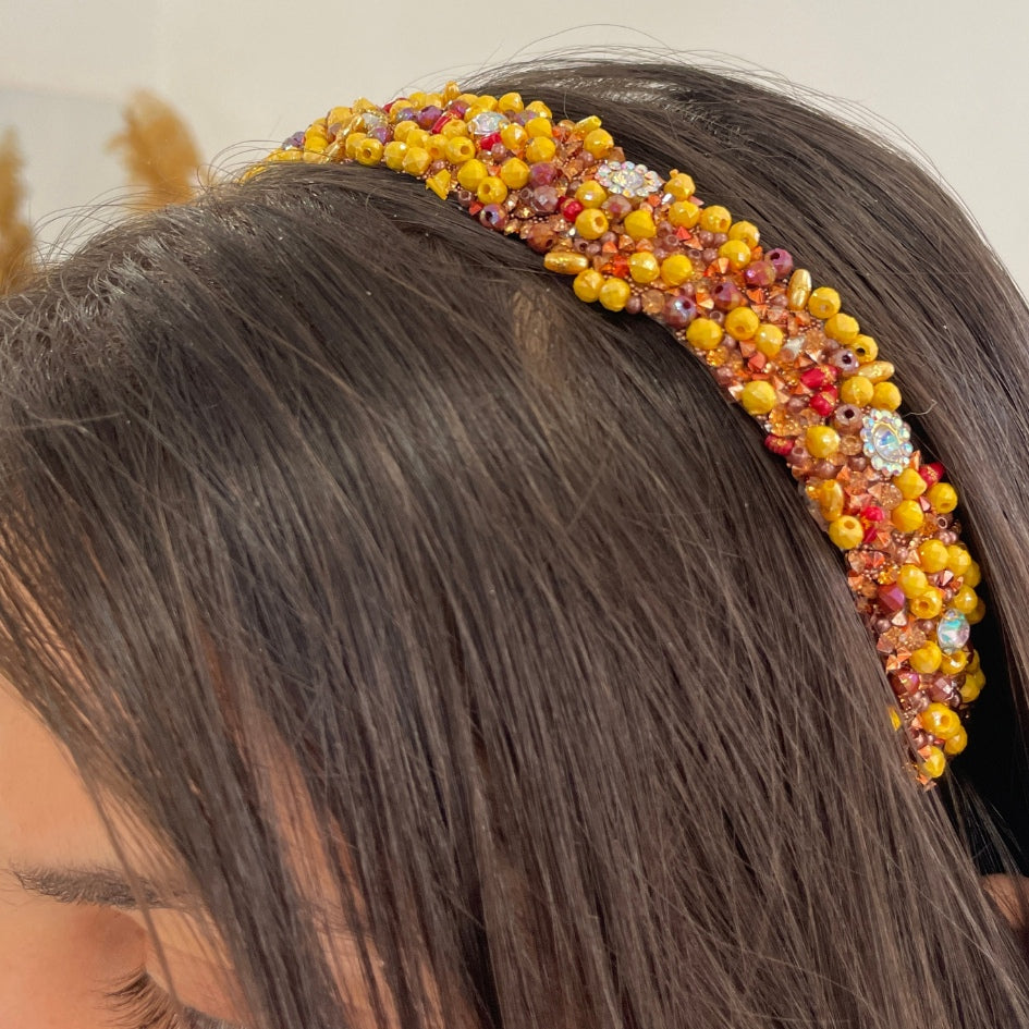 Bandeau cheveux de mariage couleur jaune avec des perles et Diamonds