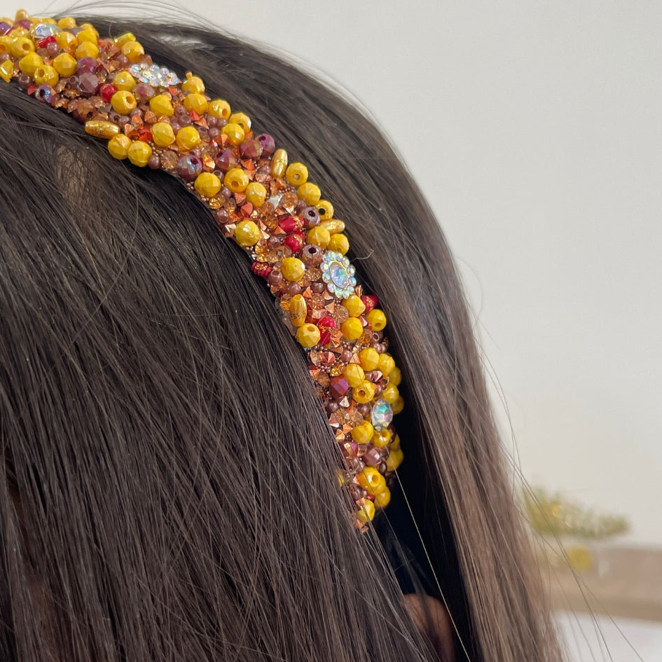 Bandeau cheveux de mariage couleur jaune avec des perles et Diamonds