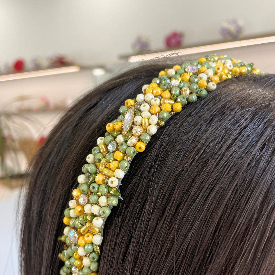 Bandeau cheveux de mariage couleur vert avec des perles et Diamonds