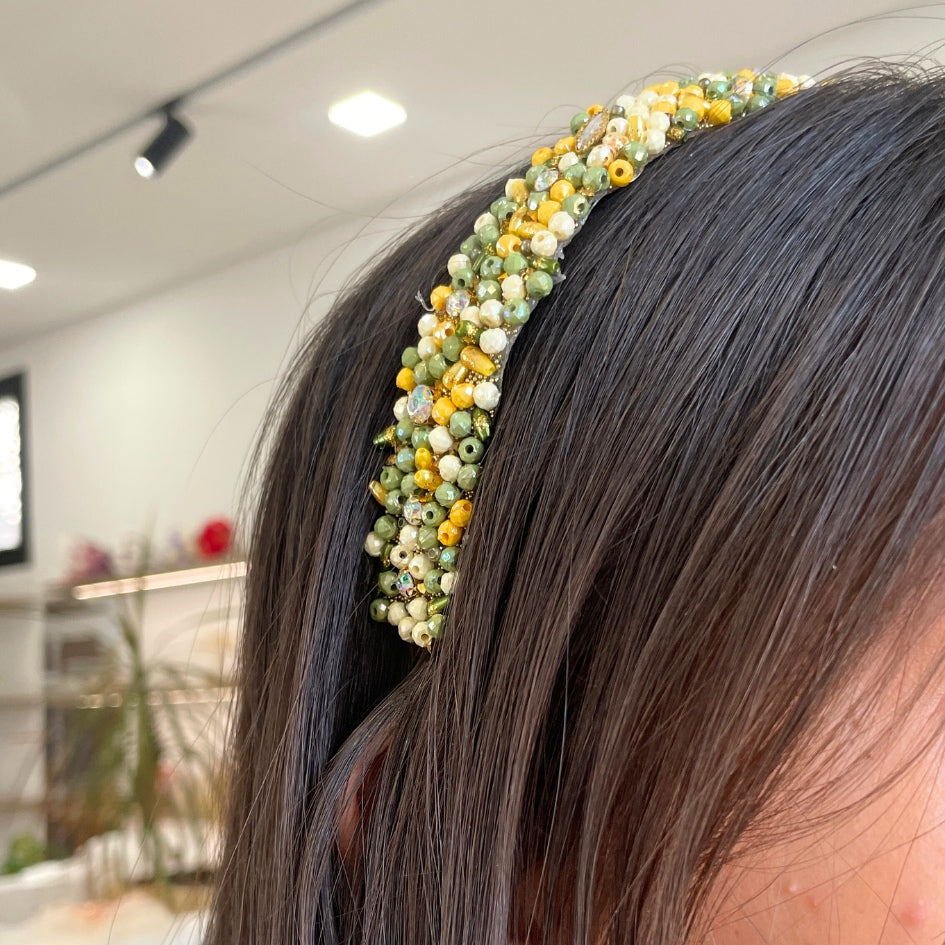 Bandeau cheveux de mariage couleur vert avec des perles et Diamonds