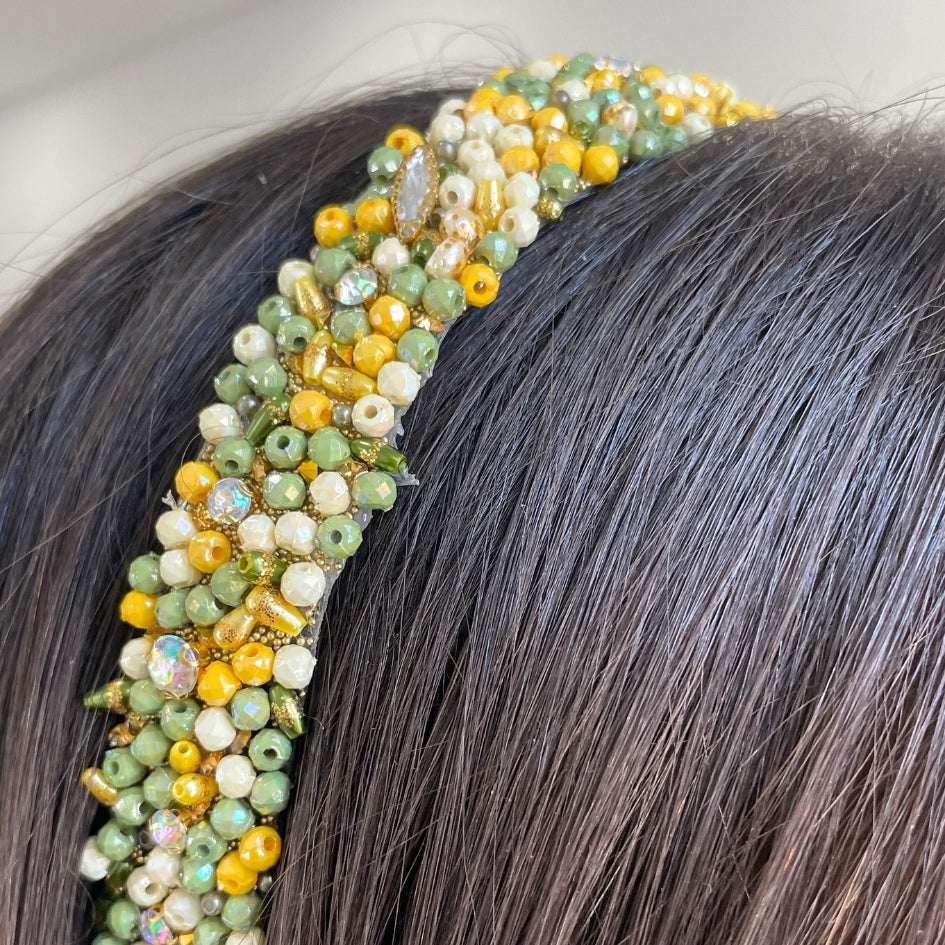 Bandeau cheveux de mariage couleur vert avec des perles et Diamonds
