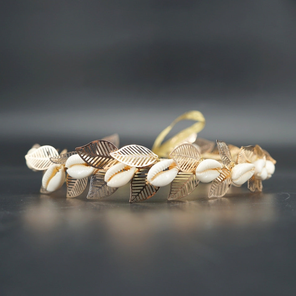 Bandeau mariage doré avec coquillages, fait main