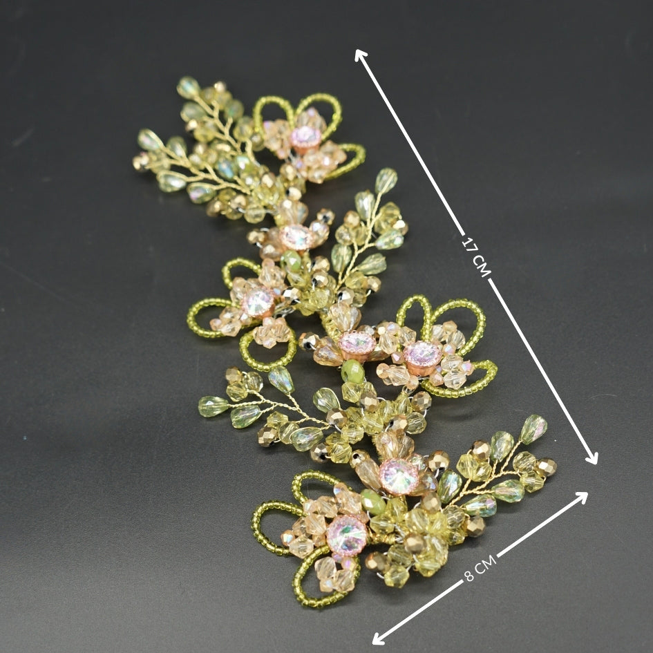 Bijou de cheveux vert doré – Fleurs et éclats nacrés