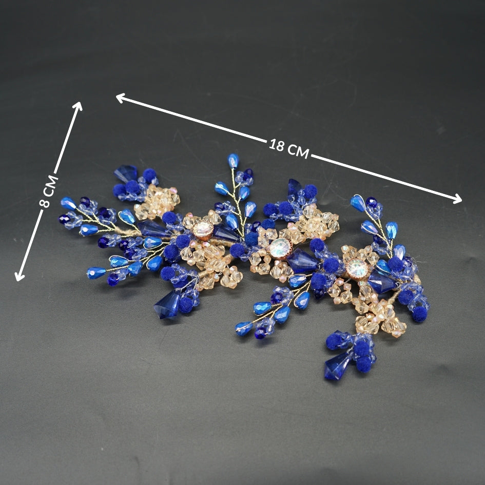 Bijou de tête floral bleu et doré avec cristaux et perles artisanales