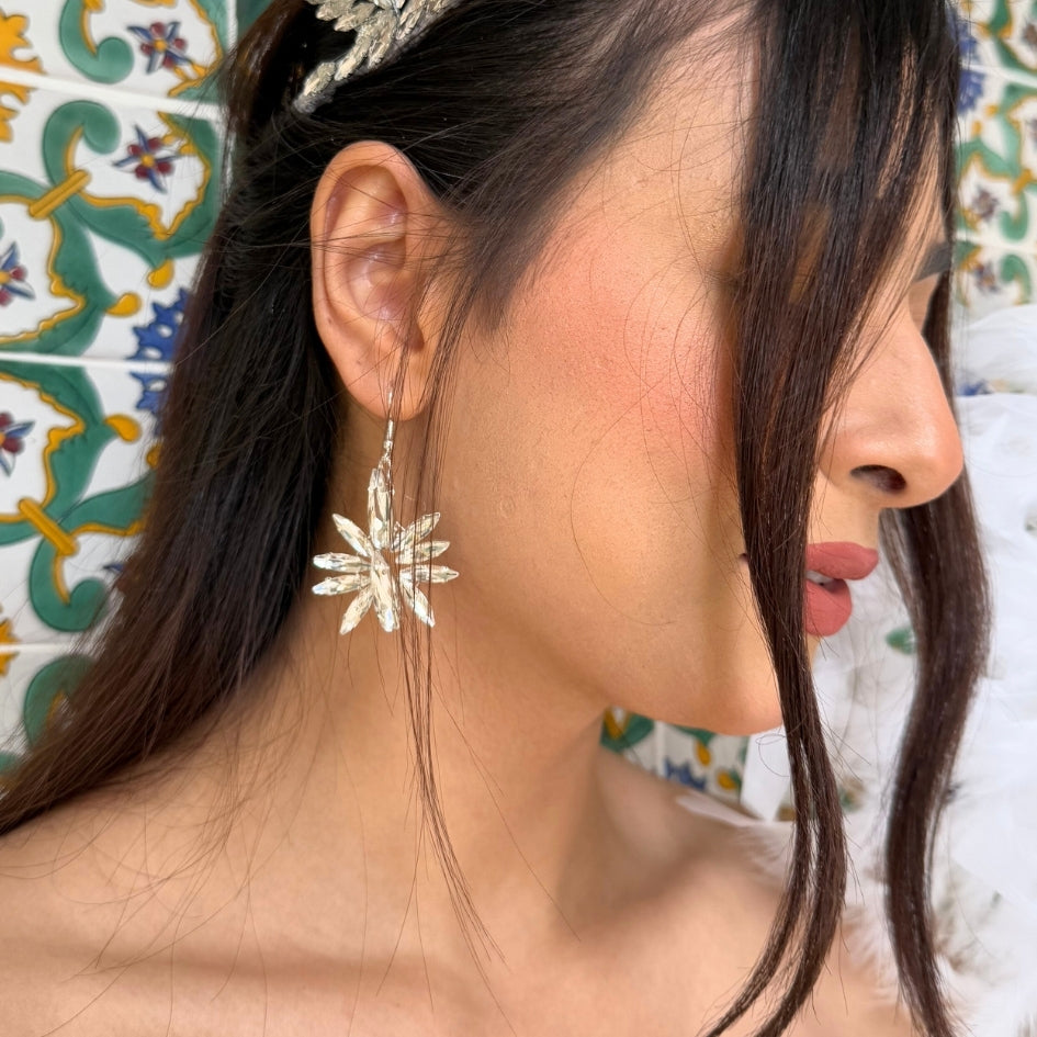 Boucles d'oreilles blanc avec design floral en strass