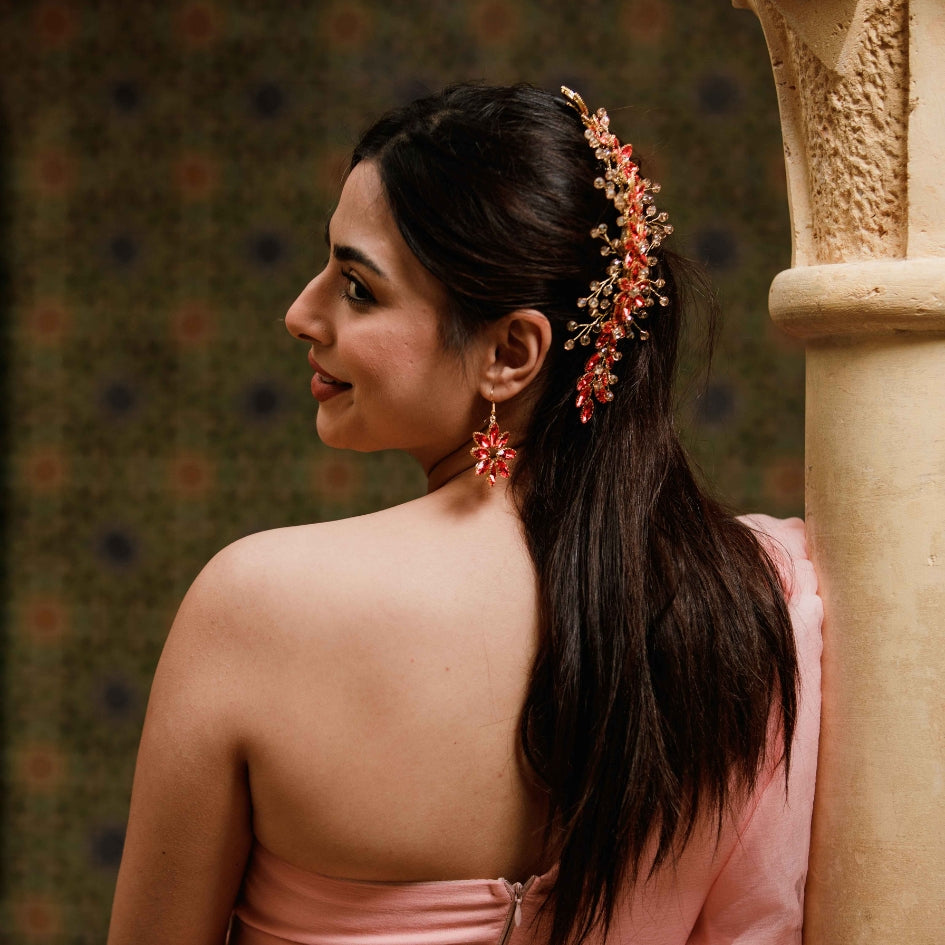 Broche à cheveux avec fleurs en cristaux Rouge
