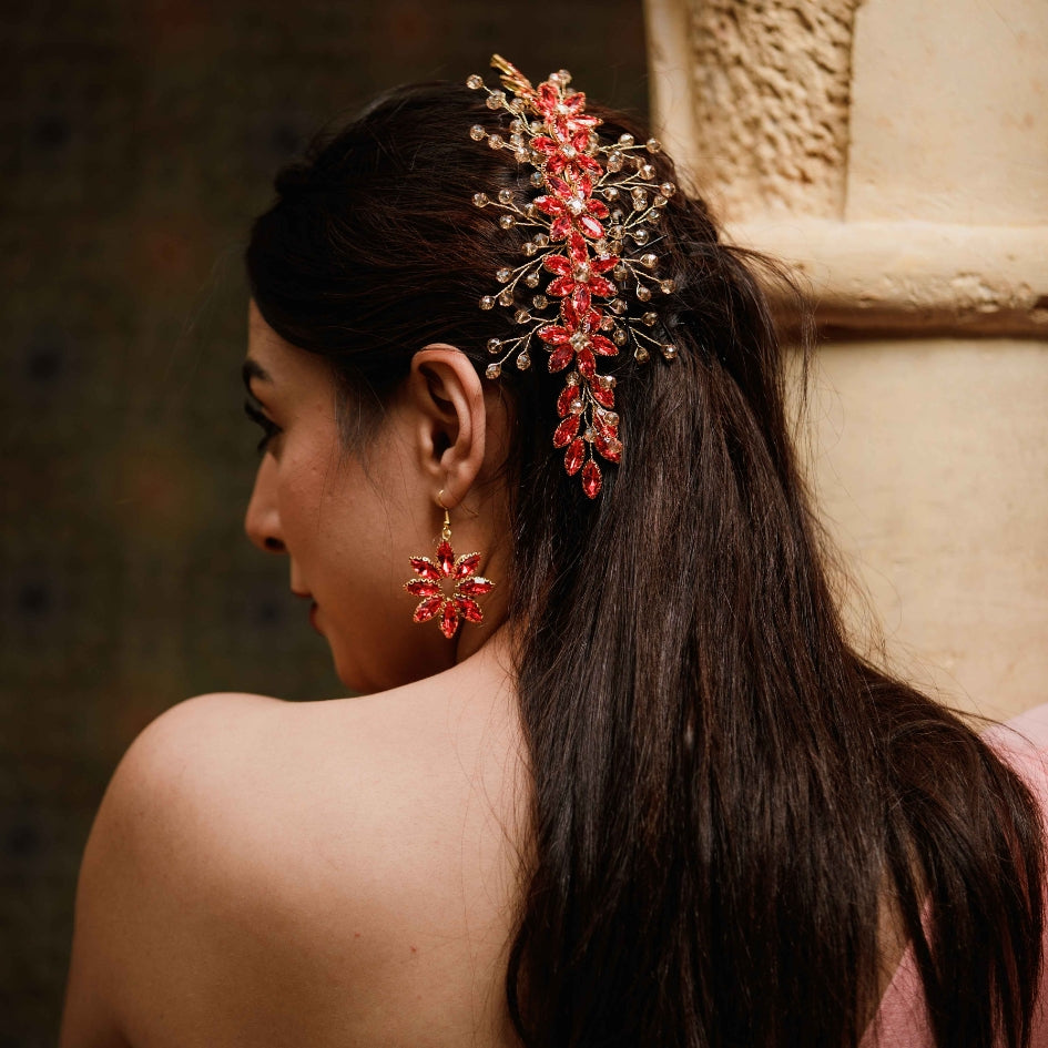 Broche à cheveux avec fleurs en cristaux Rouge
