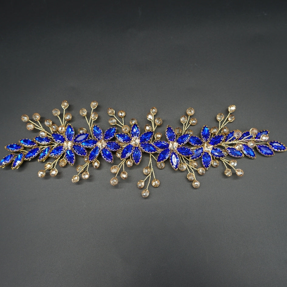 Broche à cheveux fleurs bleu roi en cristaux
