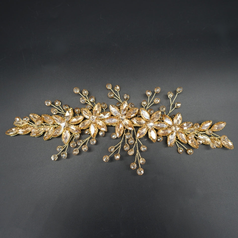 Broche à cheveux fleurs doré en cristaux