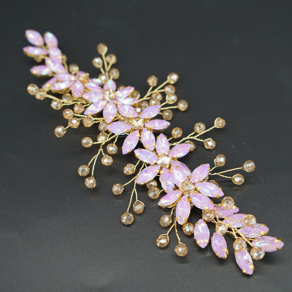 Broche à cheveux fleurs violet rosé en cristaux