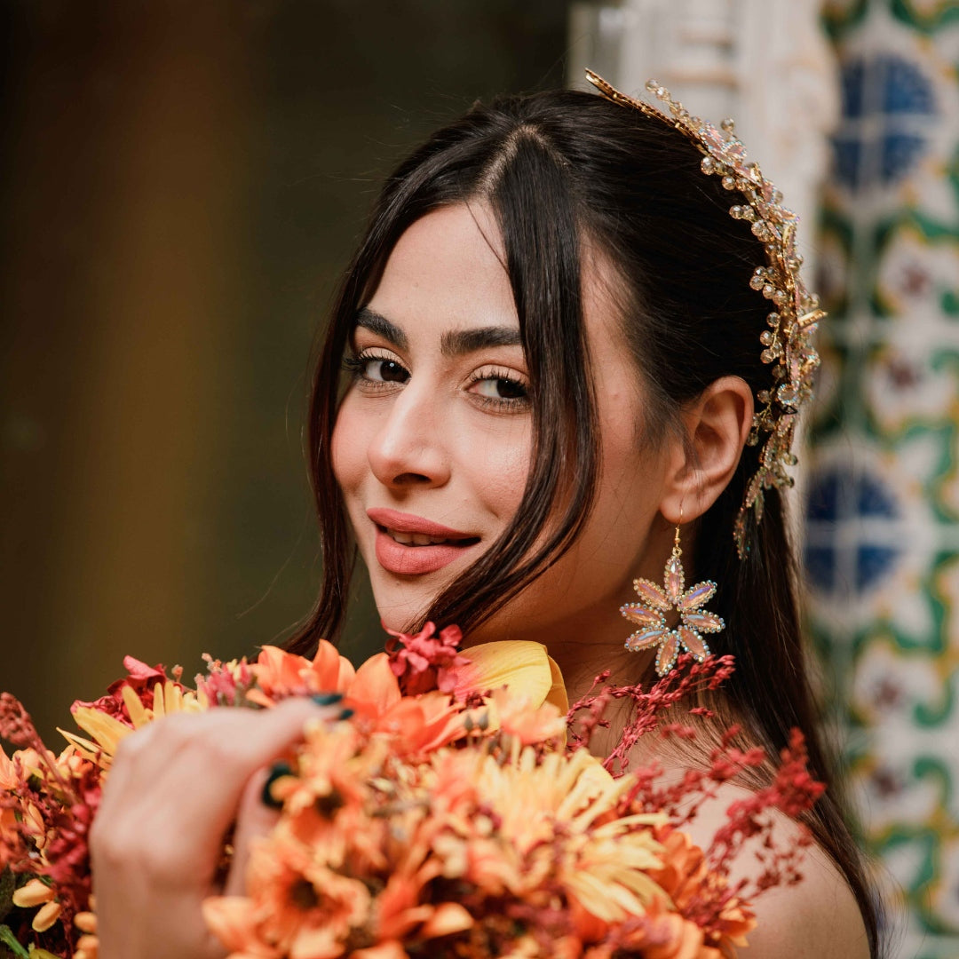 Broche de cheveux mariage couleur saumon et doré