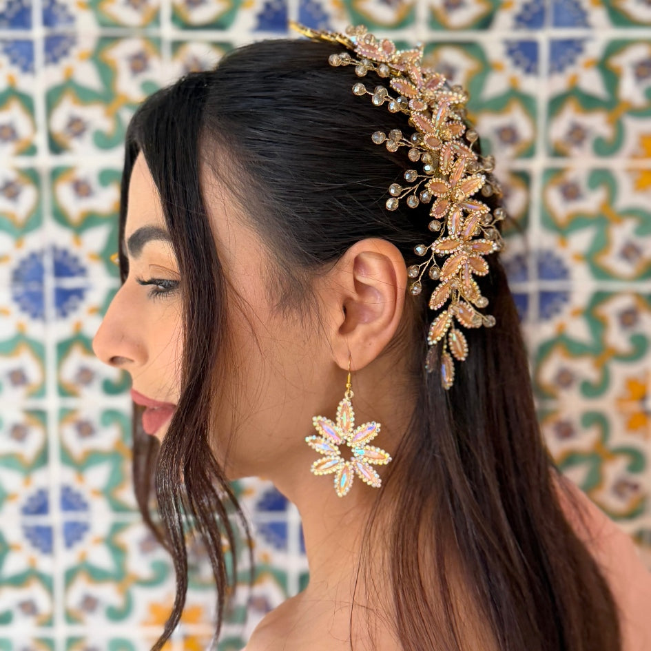 Broche de cheveux mariage couleur saumon et doré