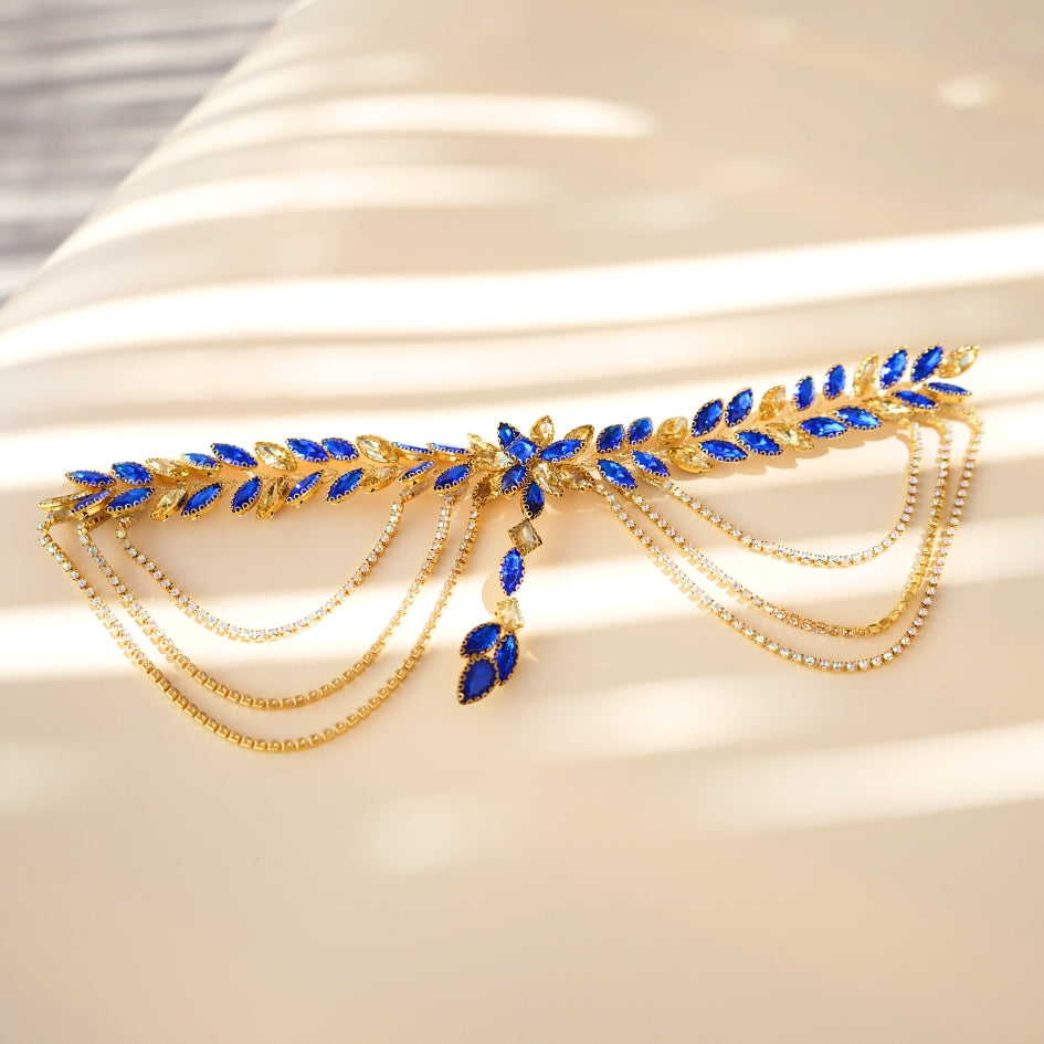 Broche de cheveux pour mariage couleur Bleu et dorée