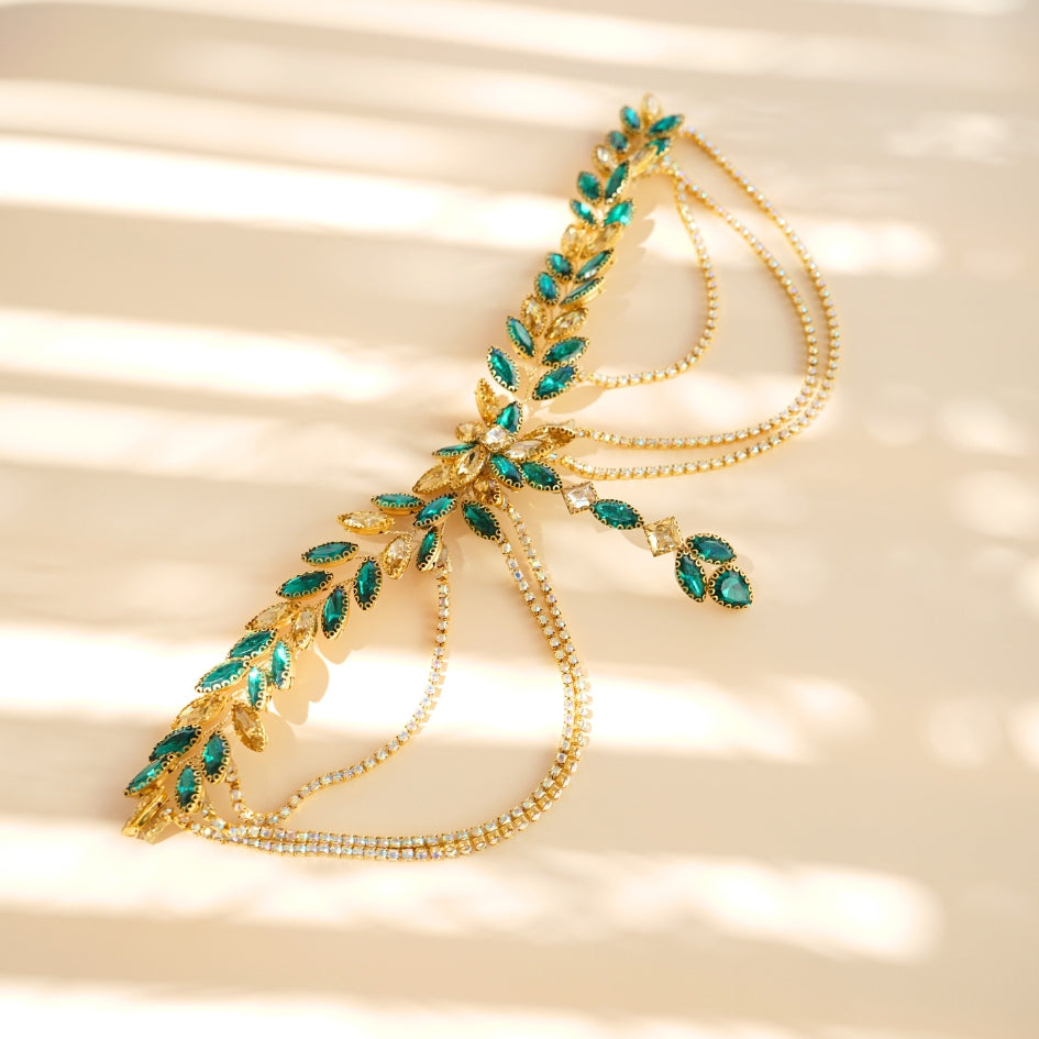 Broche de cheveux pour mariage couleur vert et dorée