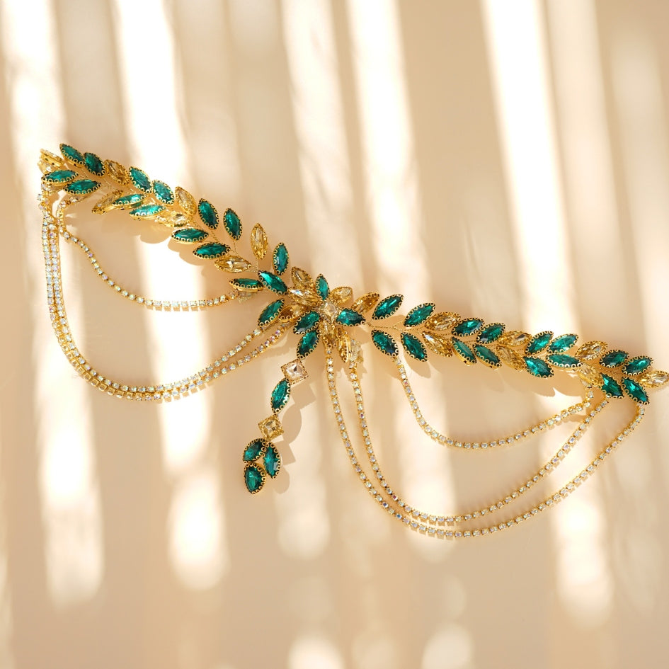 Broche de cheveux pour mariage couleur vert et dorée
