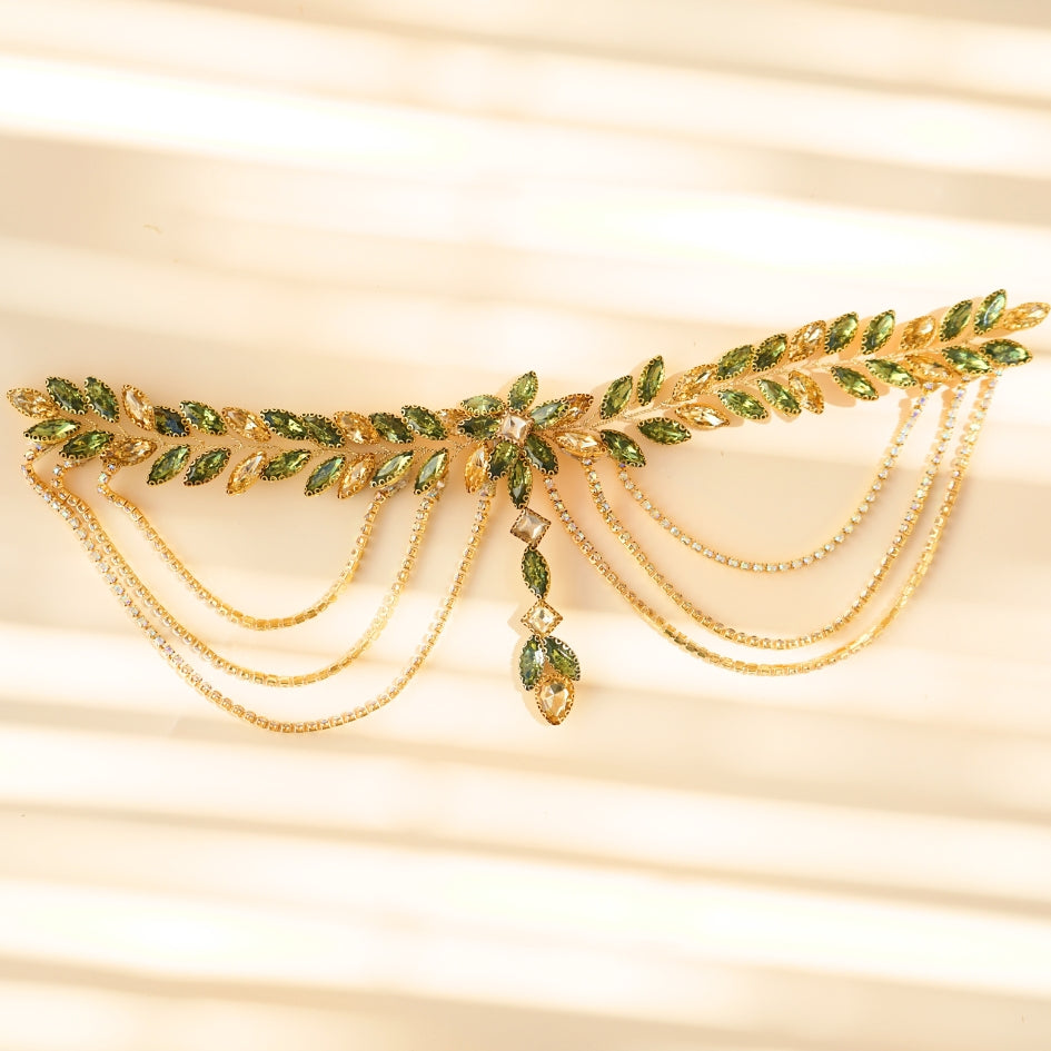 Broche de cheveux pour mariage couleur vert et dorée