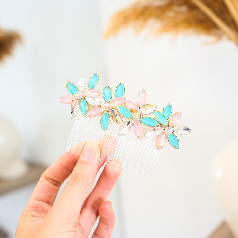 Broche rose et bleu modèle Peigne en cristal
