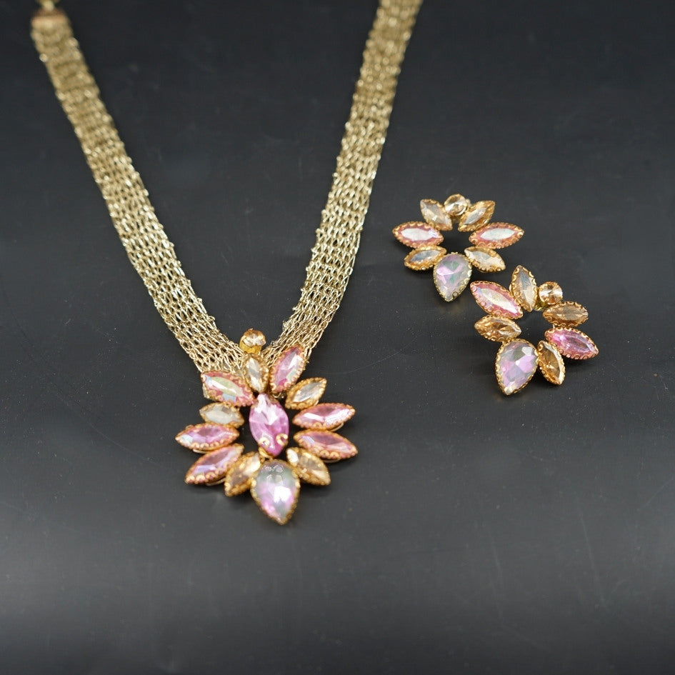 Parure collier doré fleurs pierres
