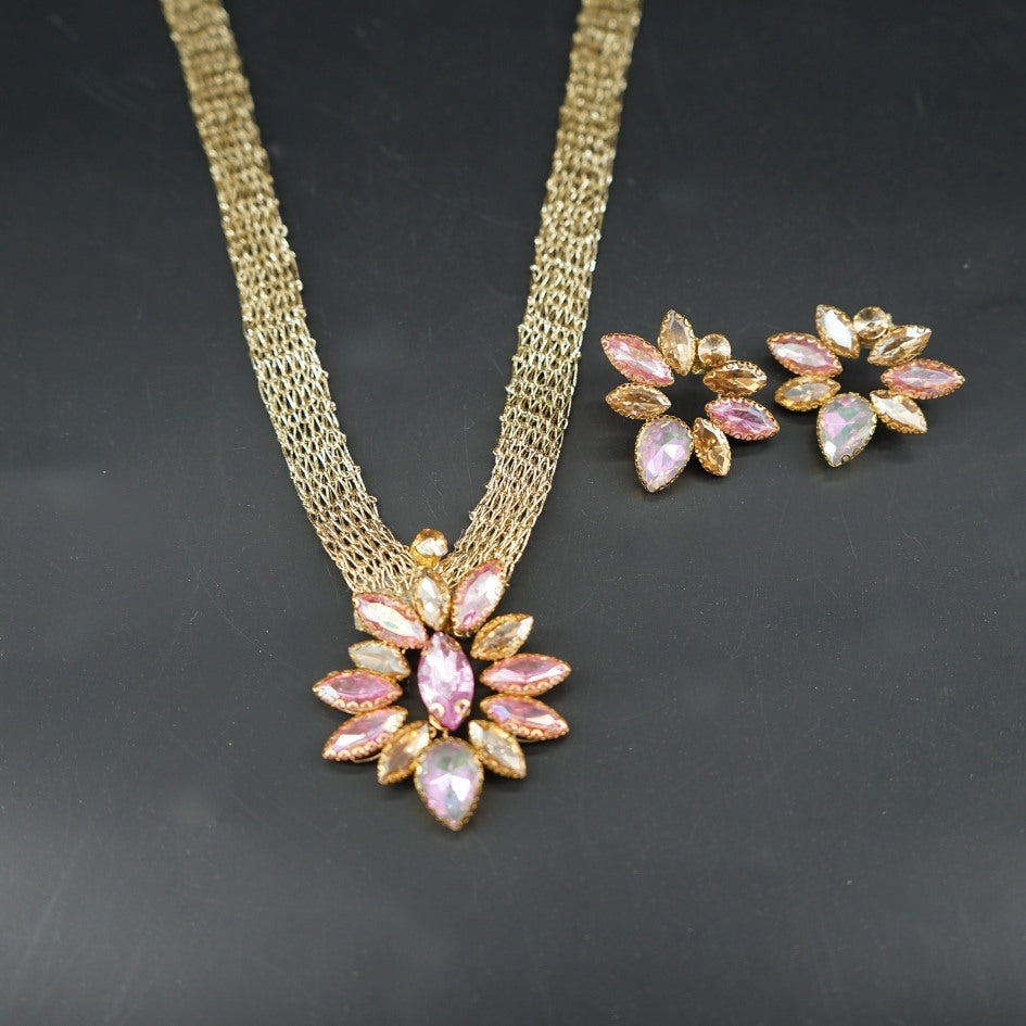 Parure collier doré fleurs pierres