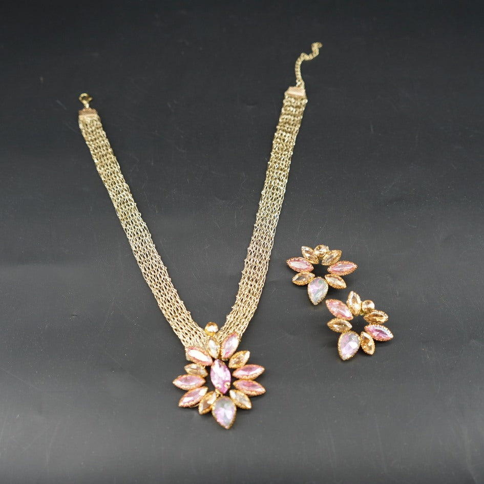 Parure collier doré fleurs pierres