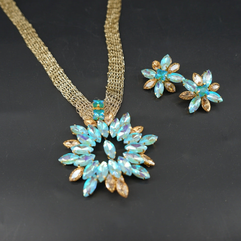 Parure collier bleu floral doré