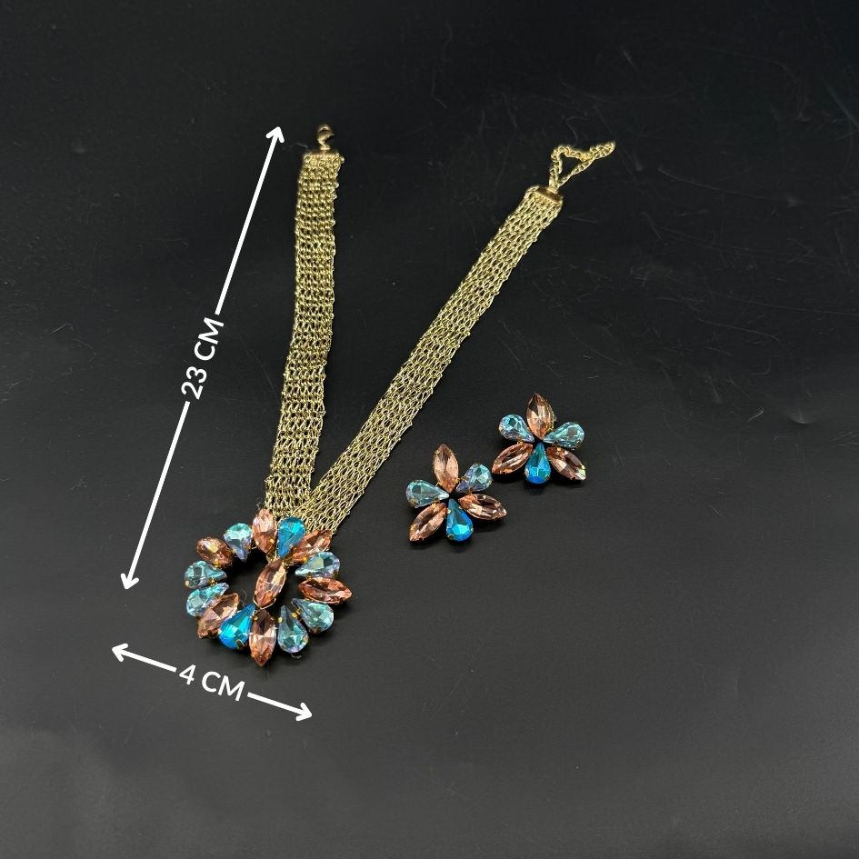 Collier doré cristaux bleu & champagne élégant
