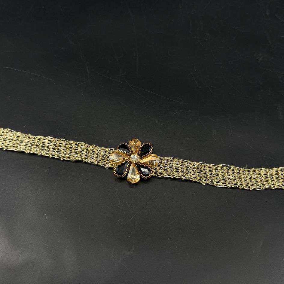 Parure collier choker et boucles d’oreilles dorée noire avec cristaux champagne
