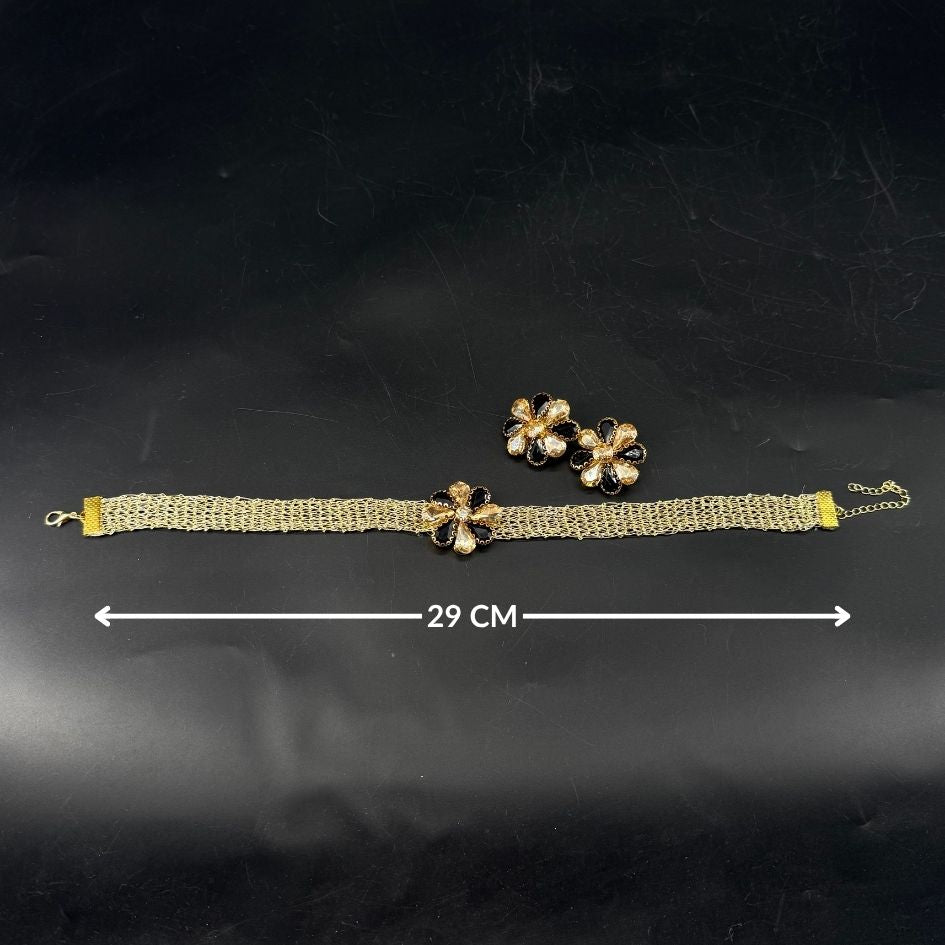 Parure collier choker et boucles d’oreilles dorée noire avec cristaux champagne