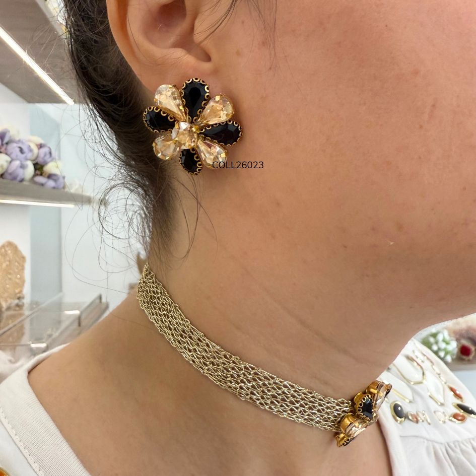 Parure collier choker et boucles d’oreilles dorée noire avec cristaux champagne