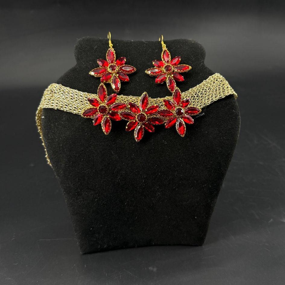 Parure collier choker et boucles d’oreilles rouge rubis