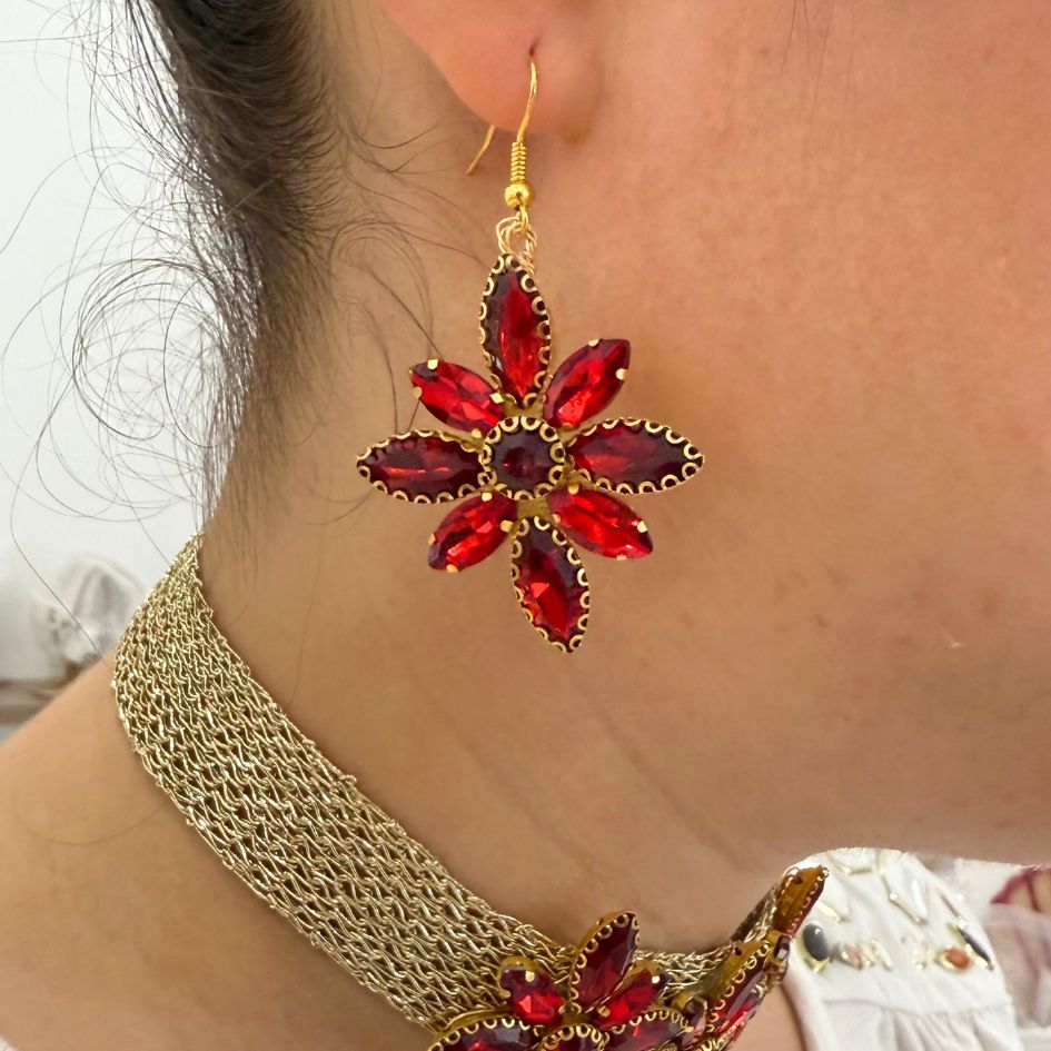 Parure collier choker et boucles d’oreilles rouge rubis