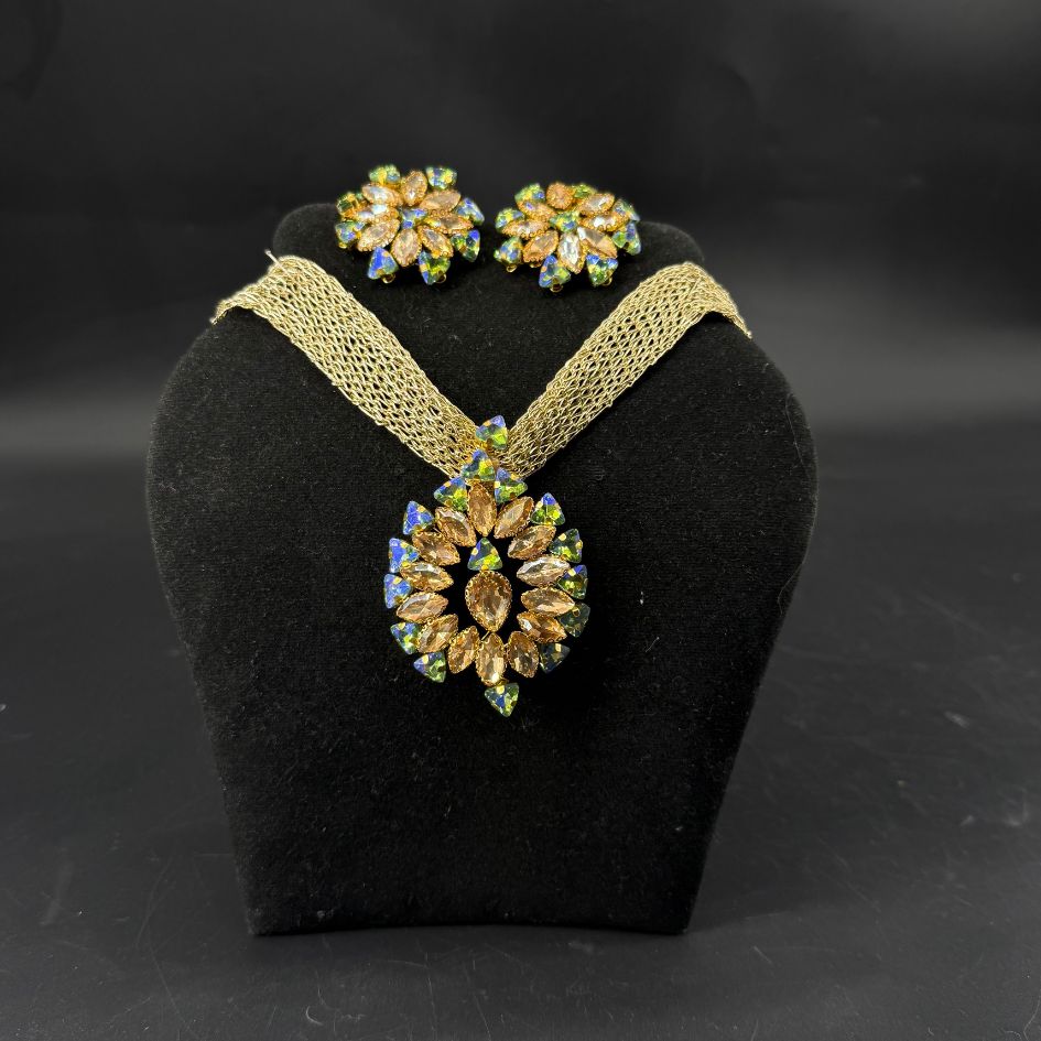 Parure de Bijoux Dorée Fleur Cristaux Multicolores