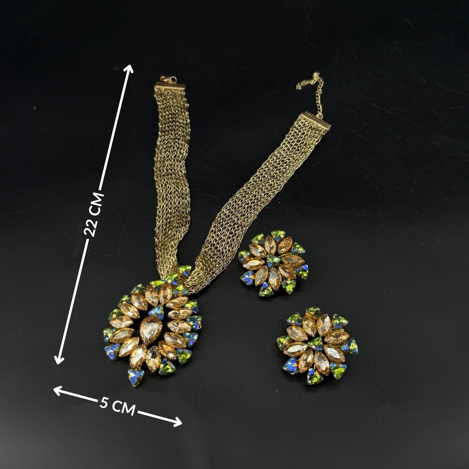 Parure de Bijoux Dorée Fleur Cristaux Multicolores
