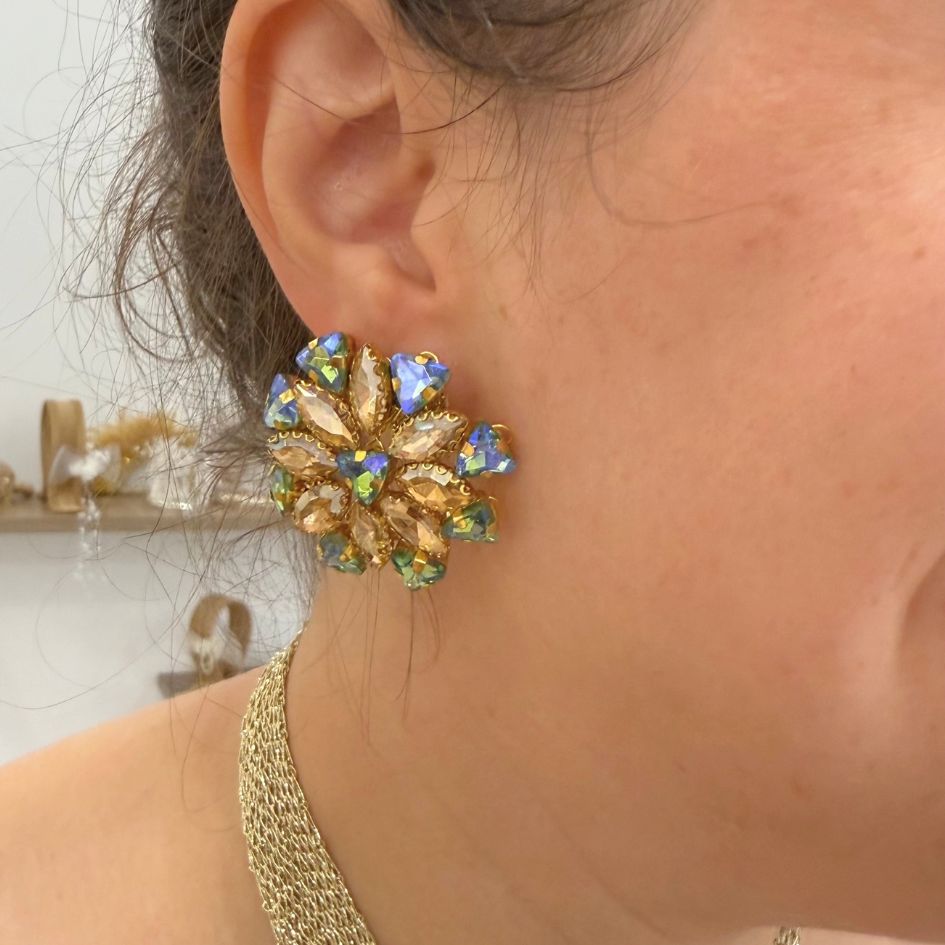 Parure de Bijoux Dorée Fleur Cristaux Multicolores
